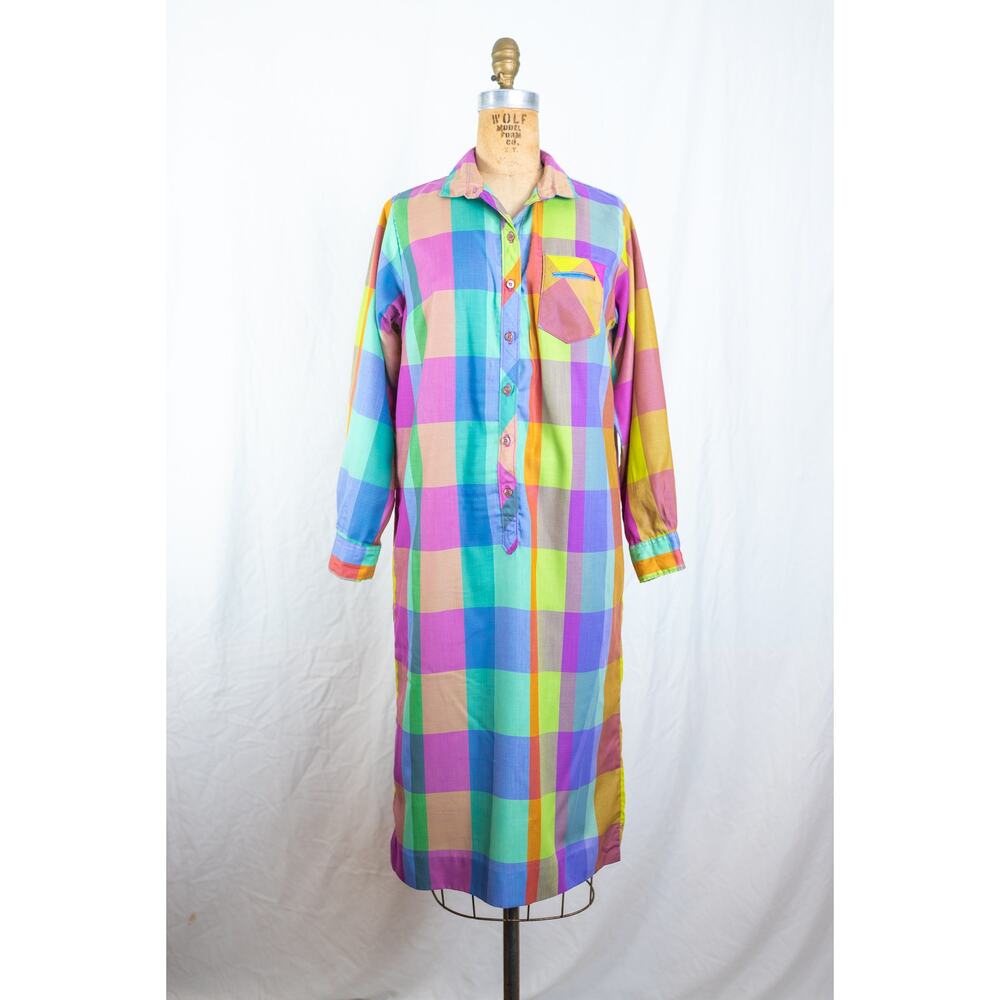 Vintage 60s Colorful Plaid Rainbow Shift Dress Indie Artsy Retro Cotton Blend M